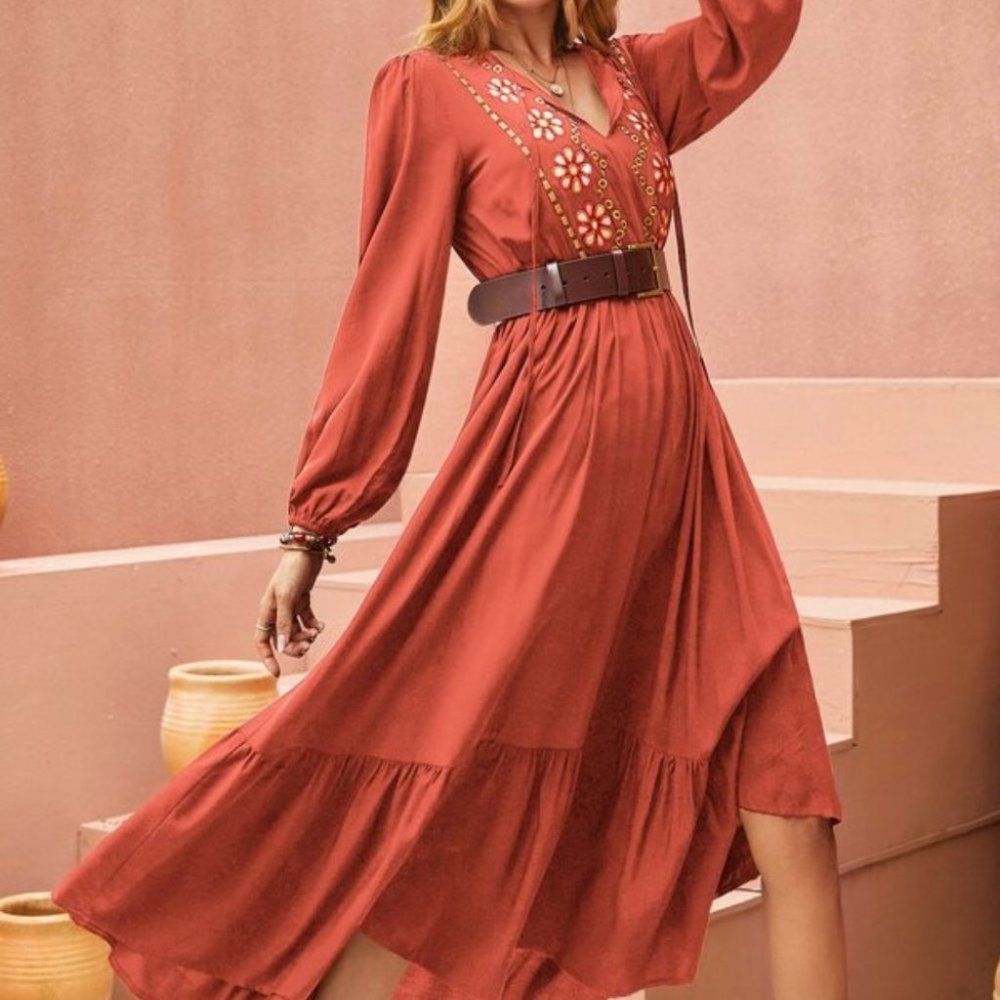 burnt Orange Flower Embroidered Ruffle Hem Dress - Picture 2 of 7